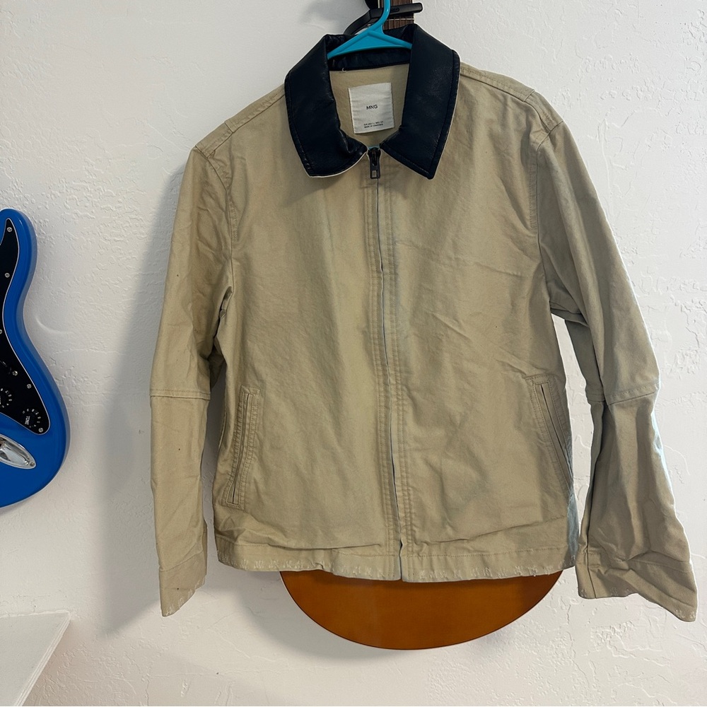 Mango Beige chore Jacket with Black leather Contrast Collar - Picture 5 of 9